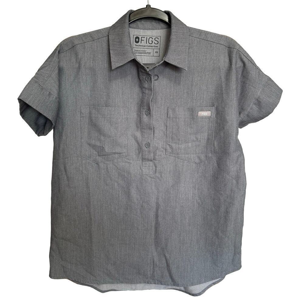 Figs Women Double Chest Pocket Polo Short Sleeve Collared Top Gray Size XS